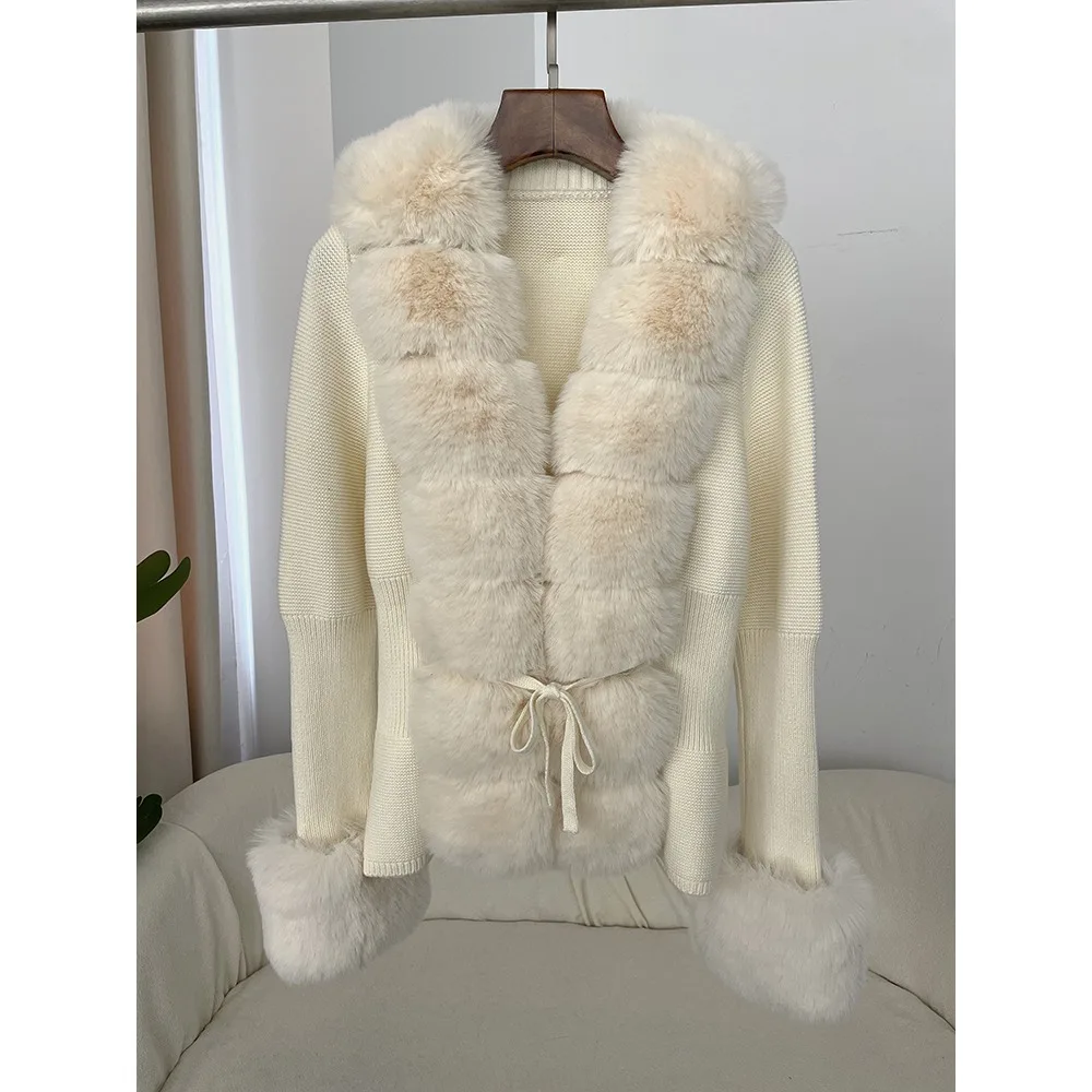 Women Knitted Sweater Bandage Fur Cardigan Detachable Collar - Image 4