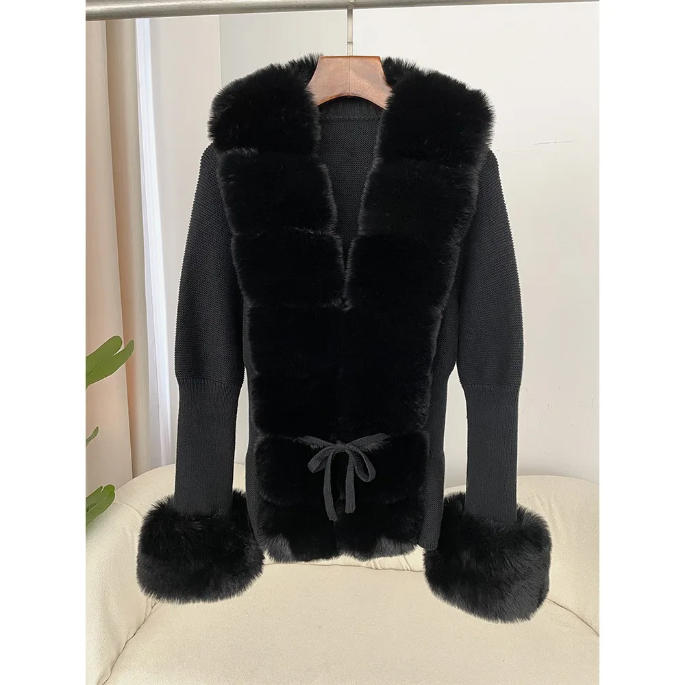 Women Knitted Sweater Bandage Fur Cardigan Detachable Collar - Image 3