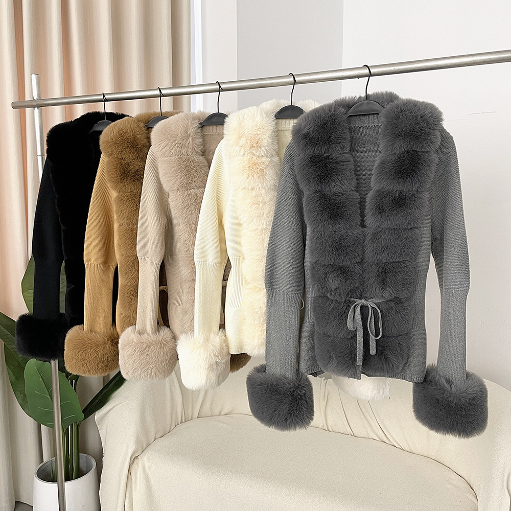 Women Knitted Sweater Bandage Fur Cardigan Detachable Collar