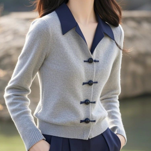 Women's Clothing Autumn Winter Turn-down Collar Contrast Color Sweater - Image 2