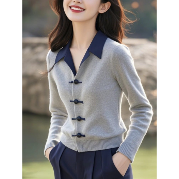 Women's Clothing Autumn Winter Turn-down Collar Contrast Color Sweater